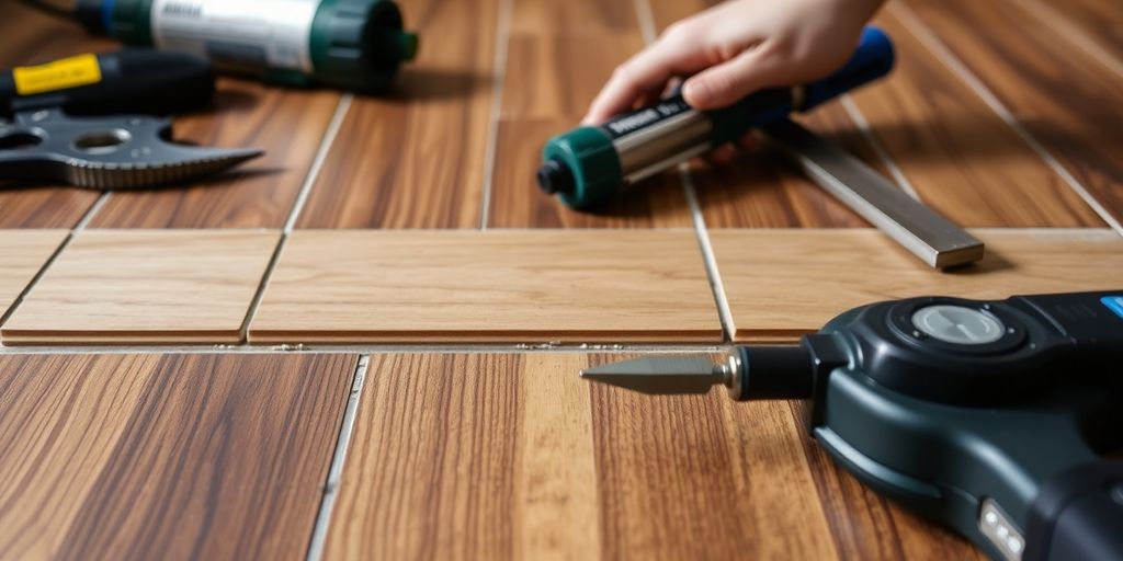 A person skillfully using a drill to install elegant wooden flooring in a home setting.